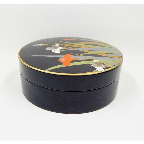 Otagiri Laquerware Coasters Iris Floral Set of 6 Black Orange MCM Made In Japan - Picture 6 of 12
